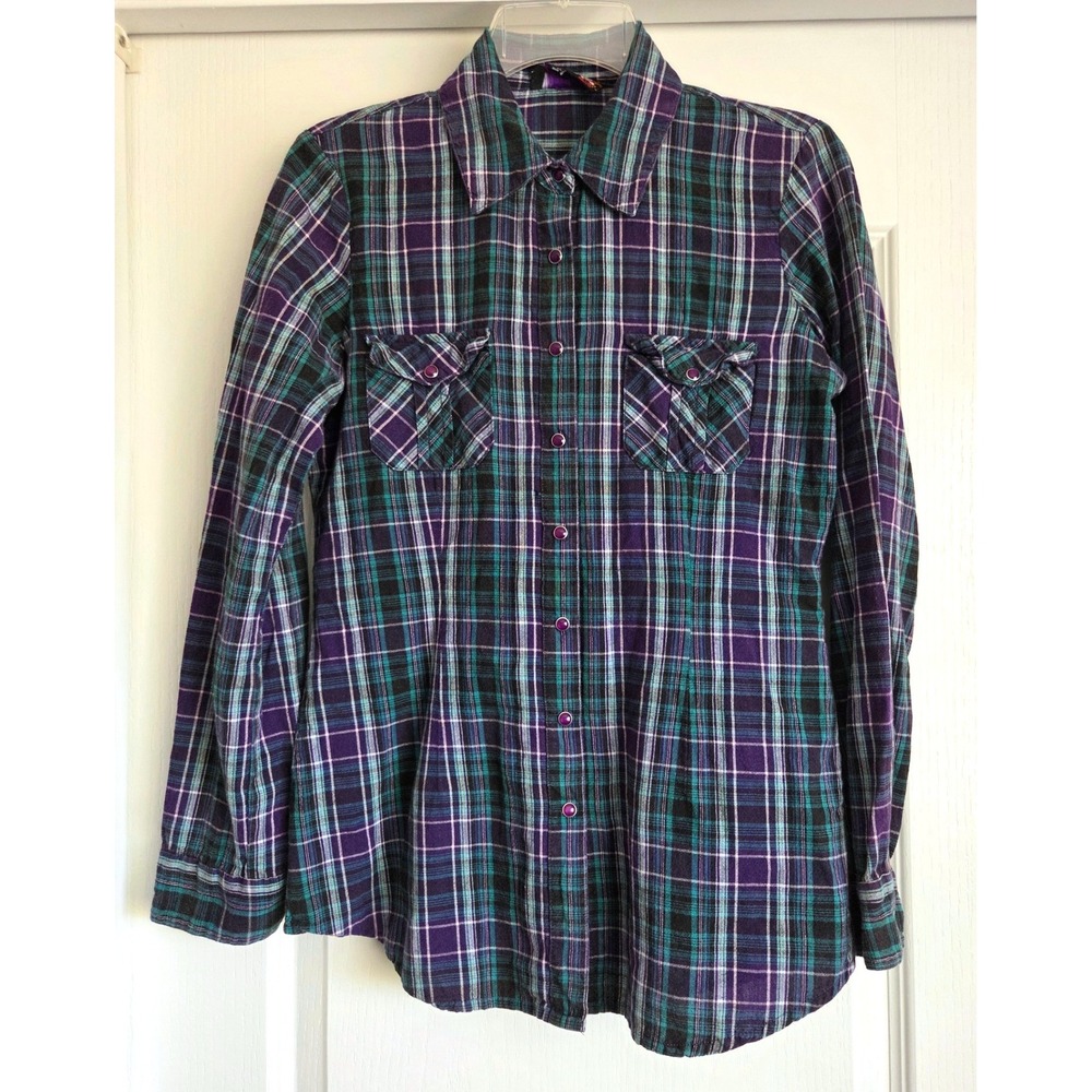 Andrew & Co Purple Teal Plaid Roll Tab Sleeve Cotton Pearl Snap Shirt Sz M Rodeo